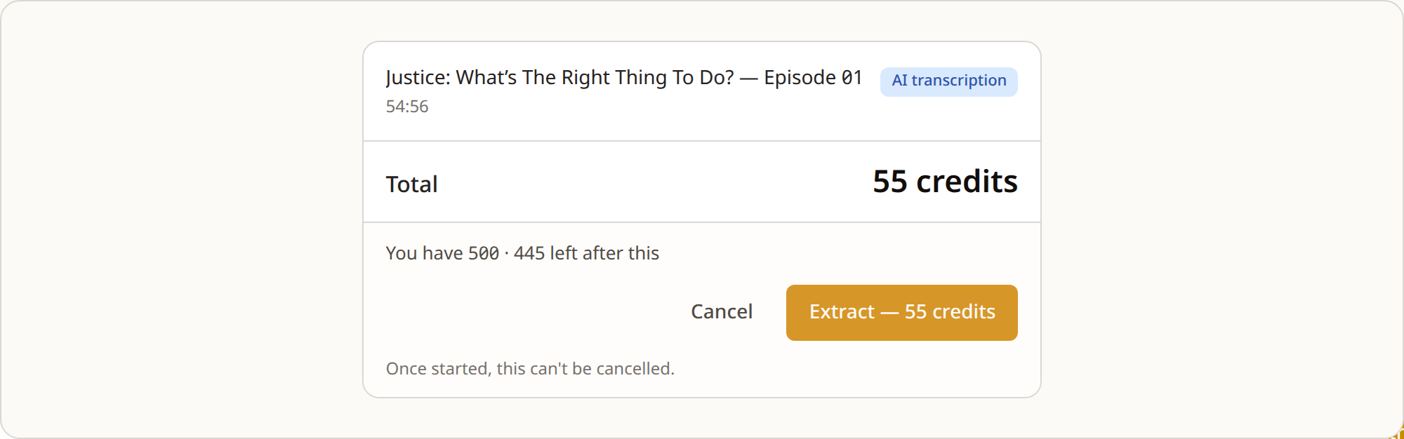 The AI transcription cost card for a 55-minute video: title, duration, a Total of 55 credits, a balance line, and an Extract — 55 credits button beside Cancel.
