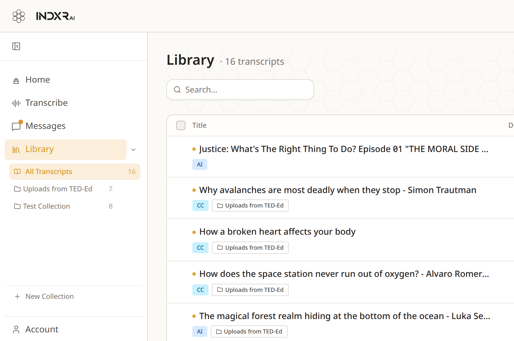 The library: a search box and filter controls above rows of saved transcripts, the Harvard 'Justice' lecture at the top, with named collections in the sidebar.