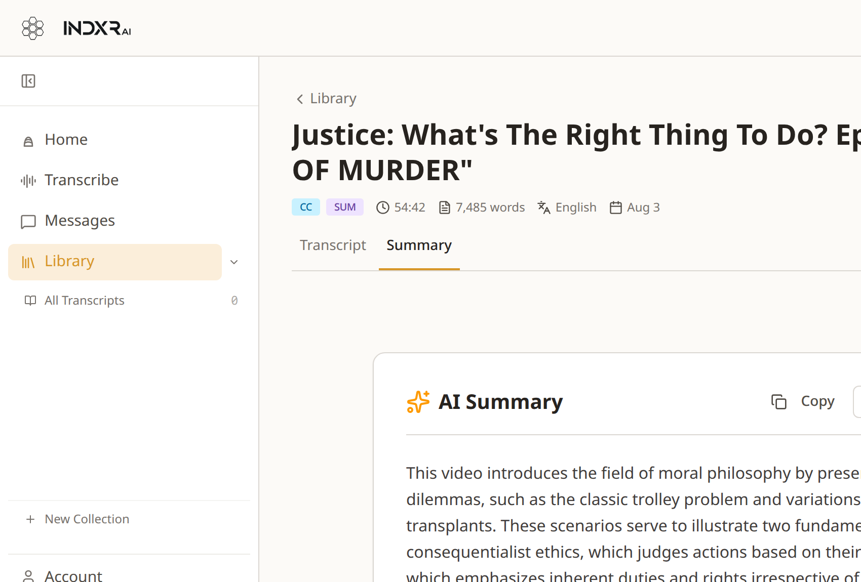 A lecture open on its Summary tab: an AI summary of the Harvard 'Justice' lecture, with an overview paragraph beneath the heading, inside the app with its sidebar.