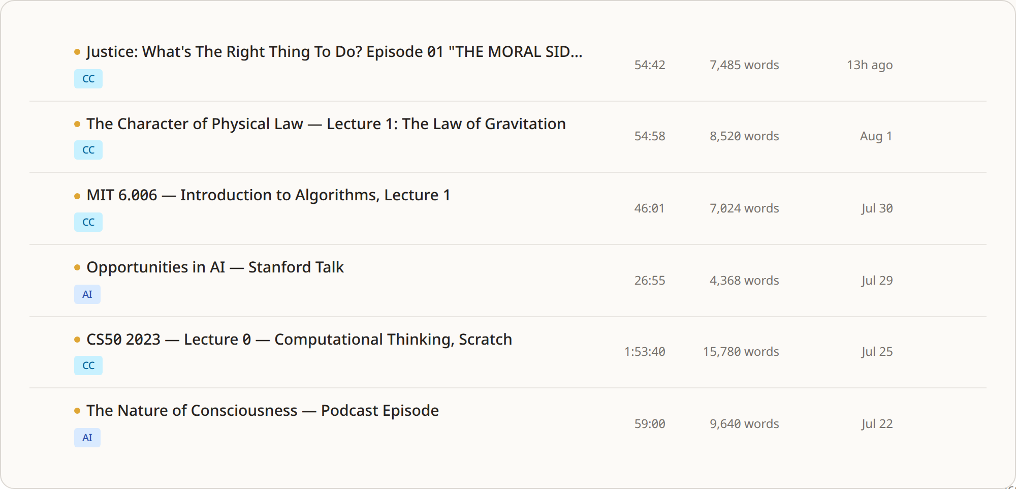 The Library list showing several saved transcripts, each row with its title, a source-method badge (YouTube captions or AI transcription), duration, word count and date.