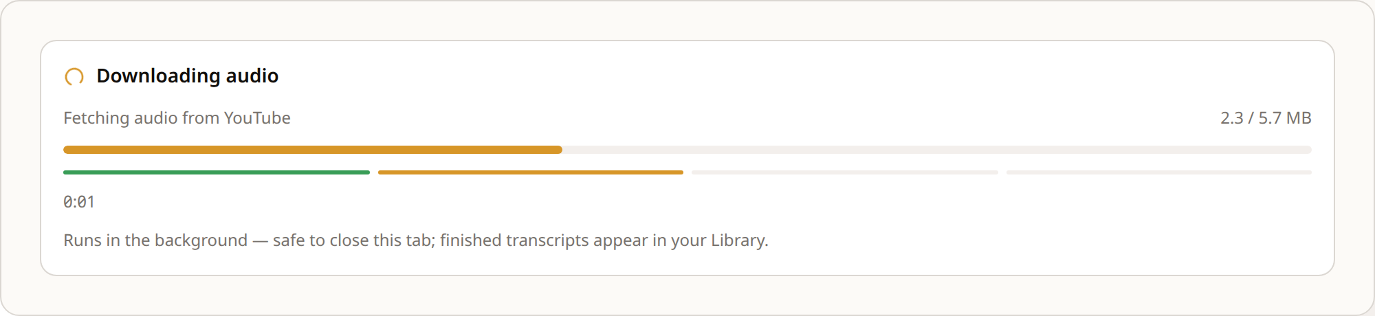 The progress card while an AI transcription runs, showing the Downloading audio stage with a progress bar and an elapsed timer.