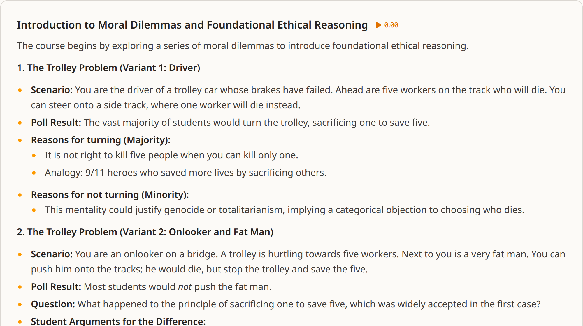One chapter of the summary: a heading, a clickable timestamp, and the worked-out notes written out beneath it in full.