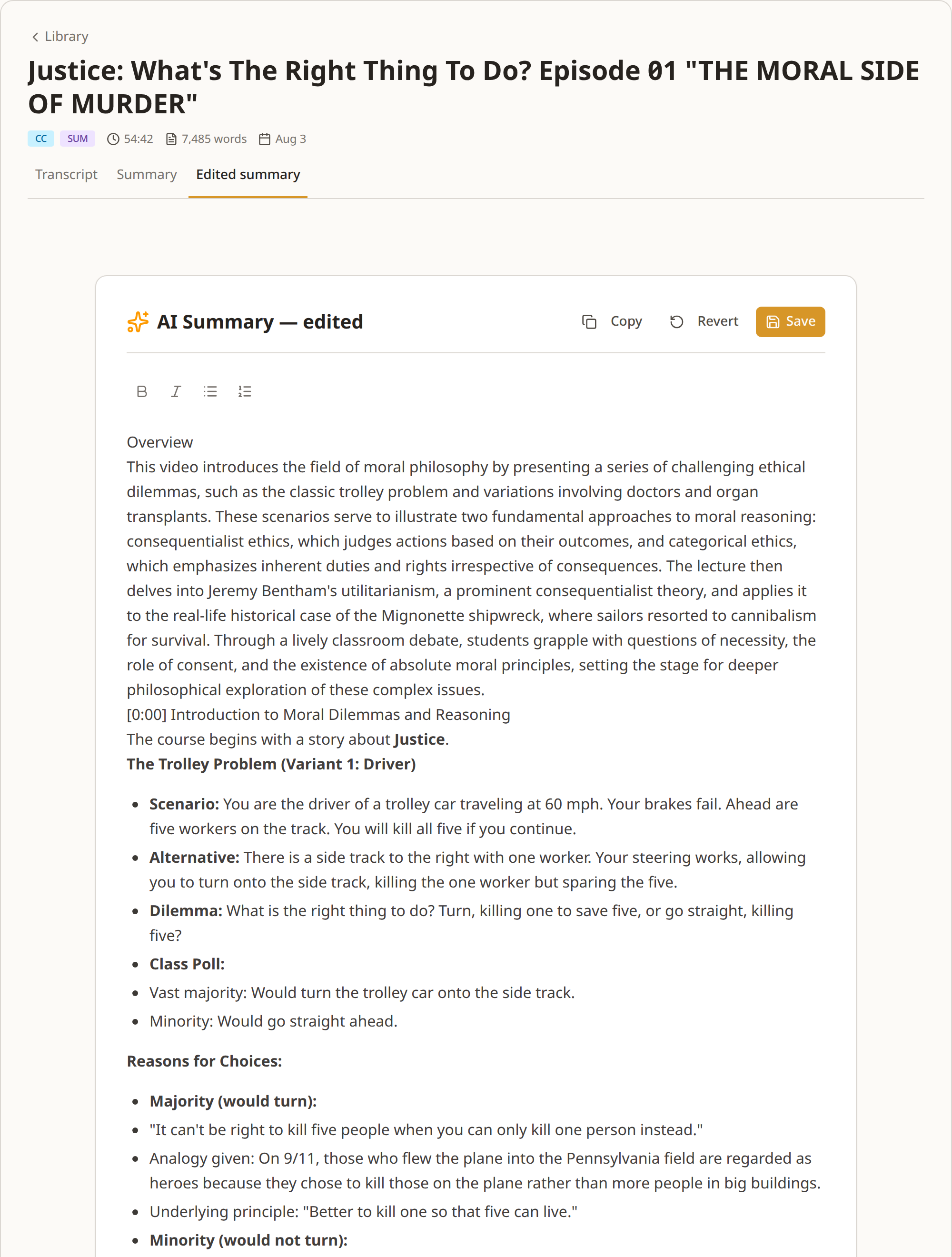The summary open in the edit tab: a formatting toolbar above a document with the chapter headings and timestamps, editable in place.