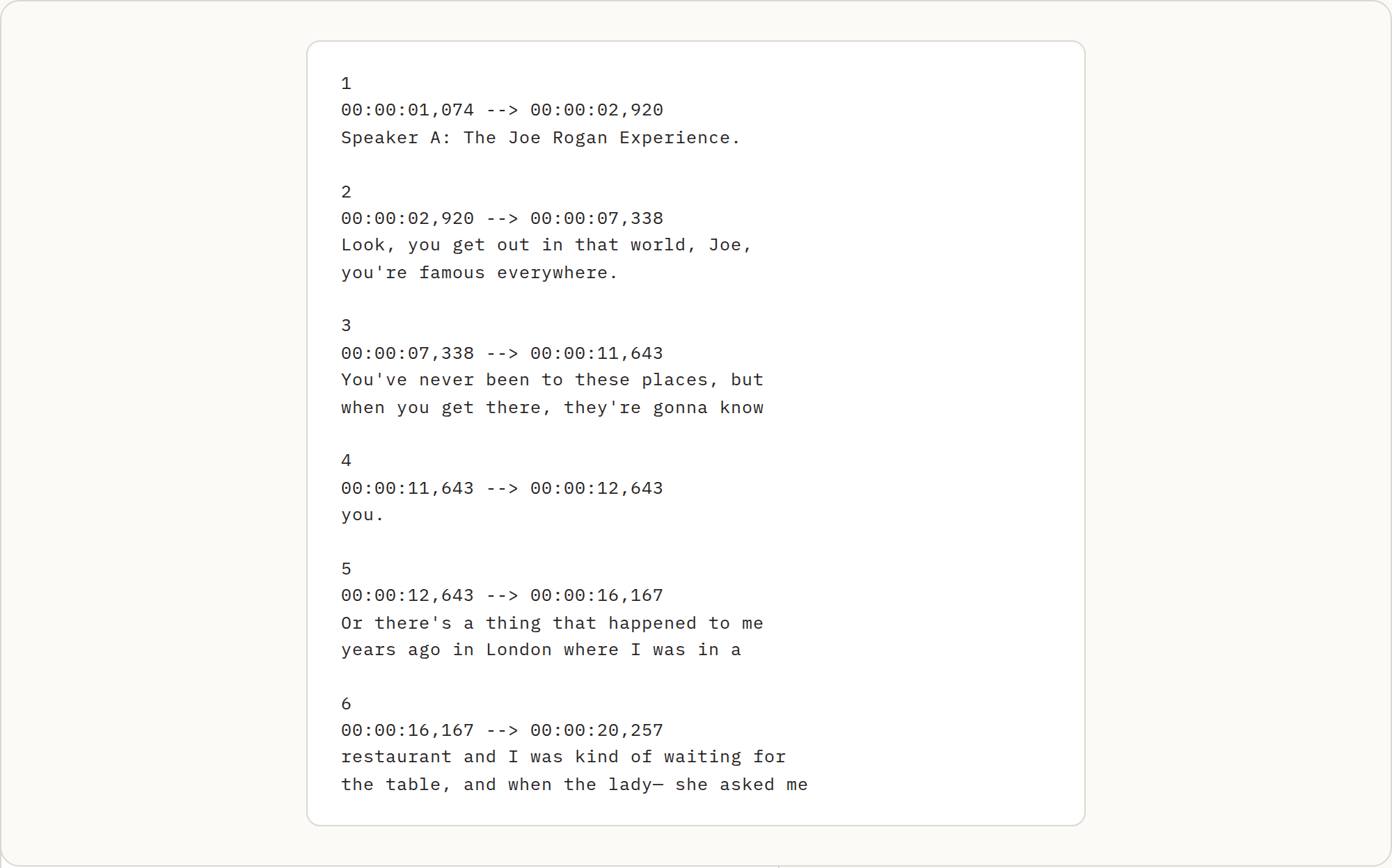 An exported SRT subtitle file: numbered cues, each with a start and end timestamp and one or two short lines of text.