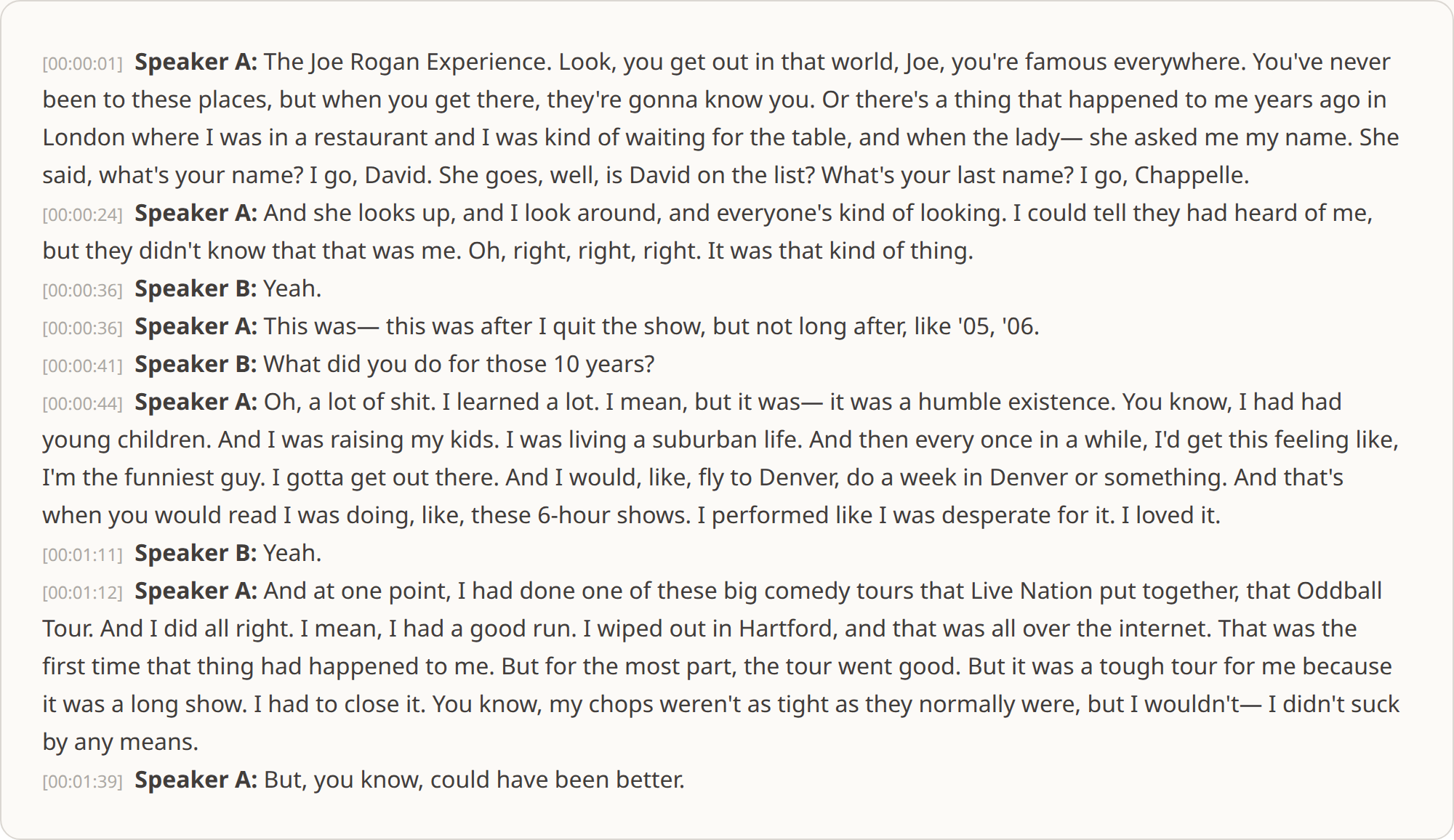A finished transcript of the video: each paragraph opens with a timestamp and a speaker label, Speaker A and Speaker B, followed by their words.