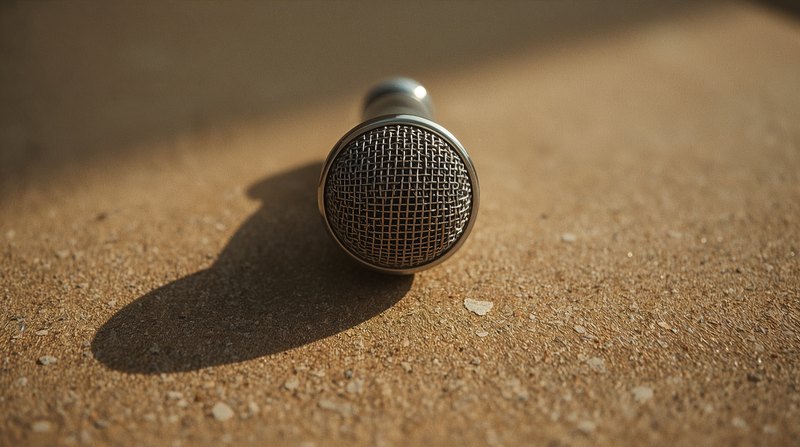 vintage microphone head resting on sandy ground casting long shadow