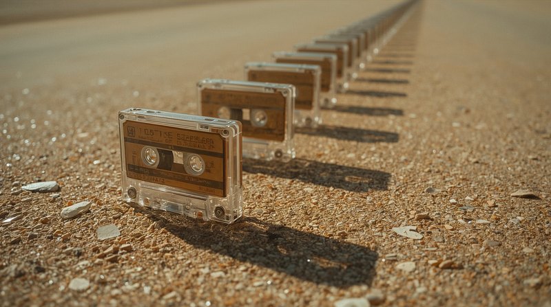 row of clear cassette tapes receding across sunlit sand