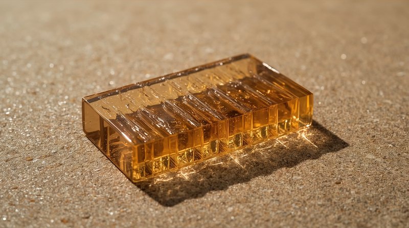 amber glass block with ribbed segments glowing on sand