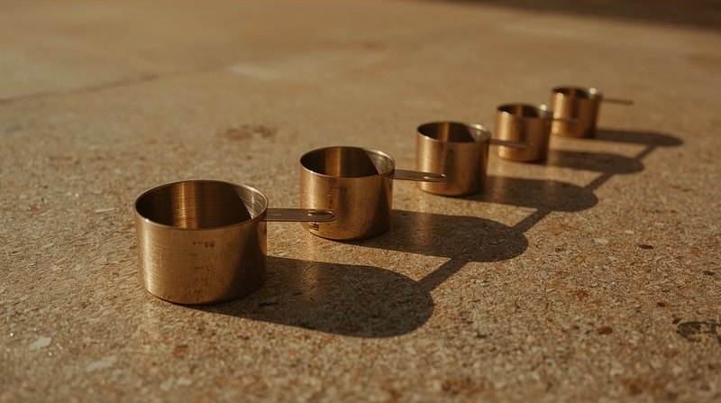 five brass measuring cups lined up casting long shadows