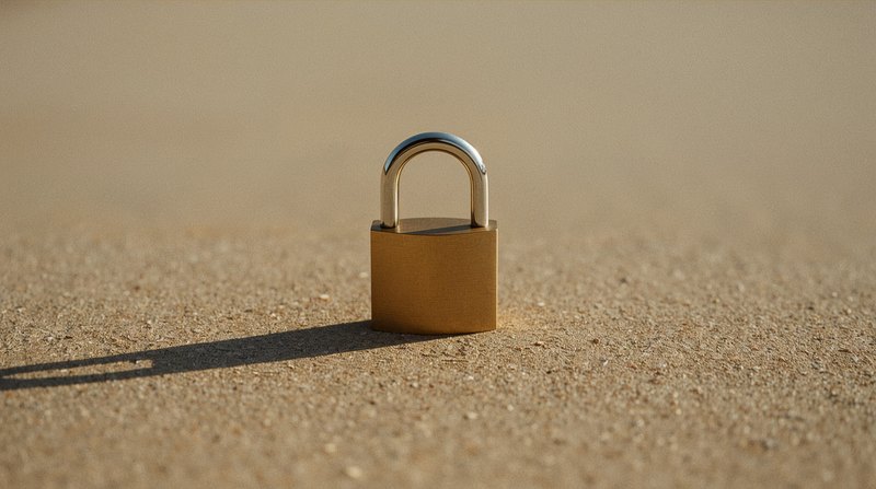 brass padlock standing upright in soft desert sand