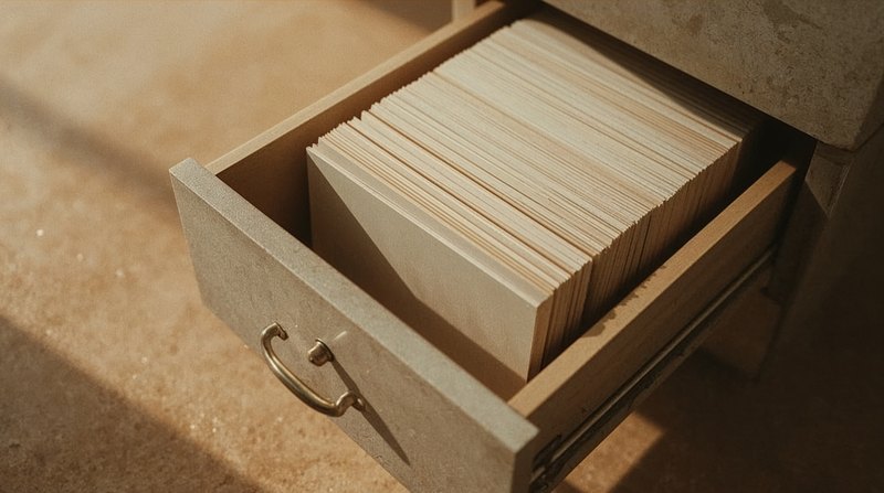 open drawer packed with tightly filed cards in warm light