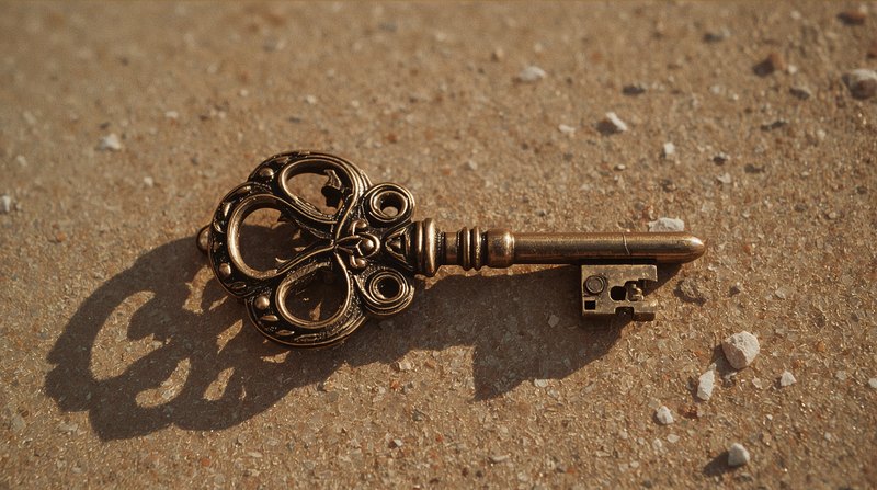 ornate brass skeleton key lying on textured sandy ground