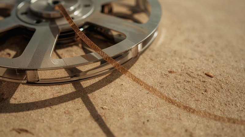 silver film reel with tape trailing across the sand