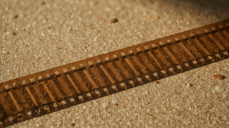 translucent strip of film laid across pale gritty ground
