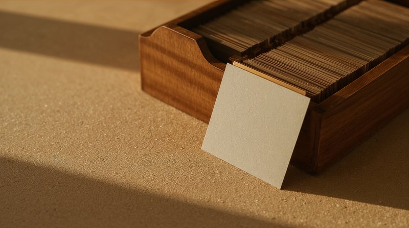 wooden card-index box with one blank card leaning out