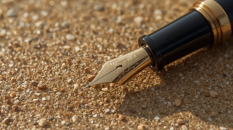 black-and-gold fountain pen nib resting on grainy sand