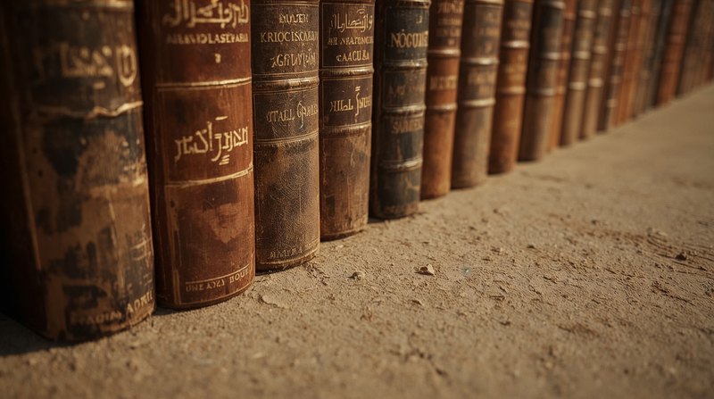 row of worn leather books with foreign-script spines