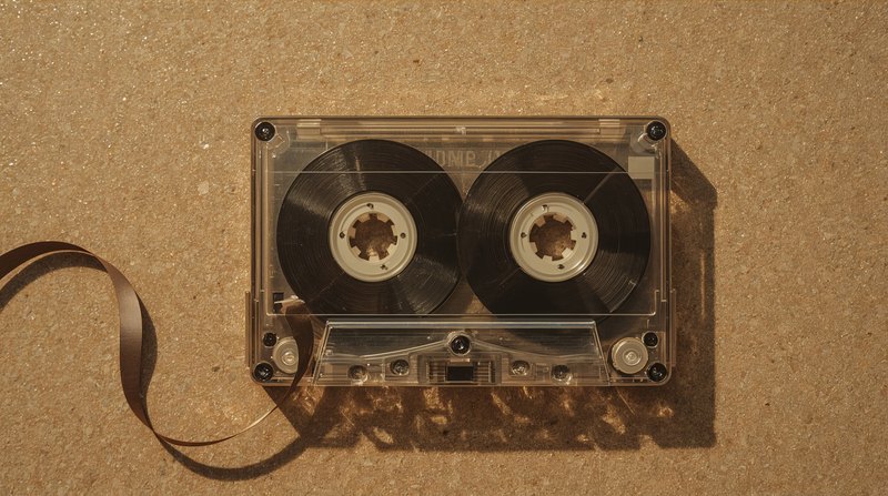 clear cassette tape with unspooled ribbon on sandy ground