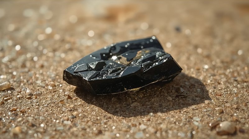 glossy black obsidian shard glinting on gritty ground
