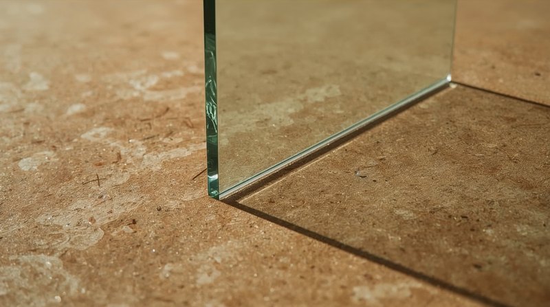 edge of a glass pane standing on stone floor