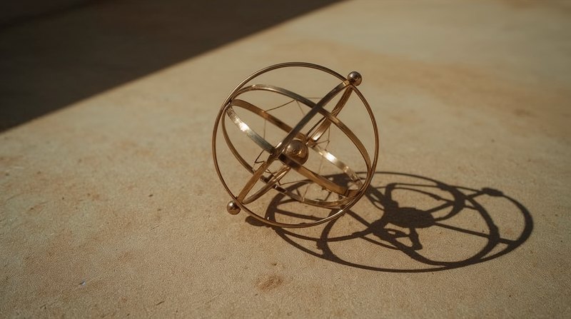 brass armillary sphere casting circular shadow on pale floor